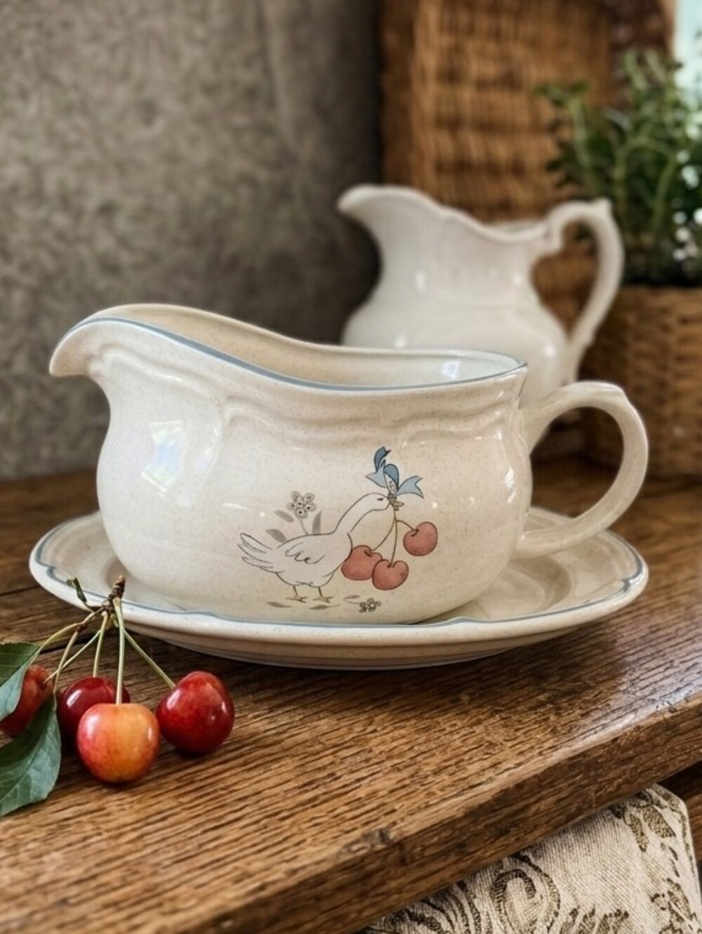 Vintage International China Marmalade Gravy Boat with Underplate | Goose Pattern